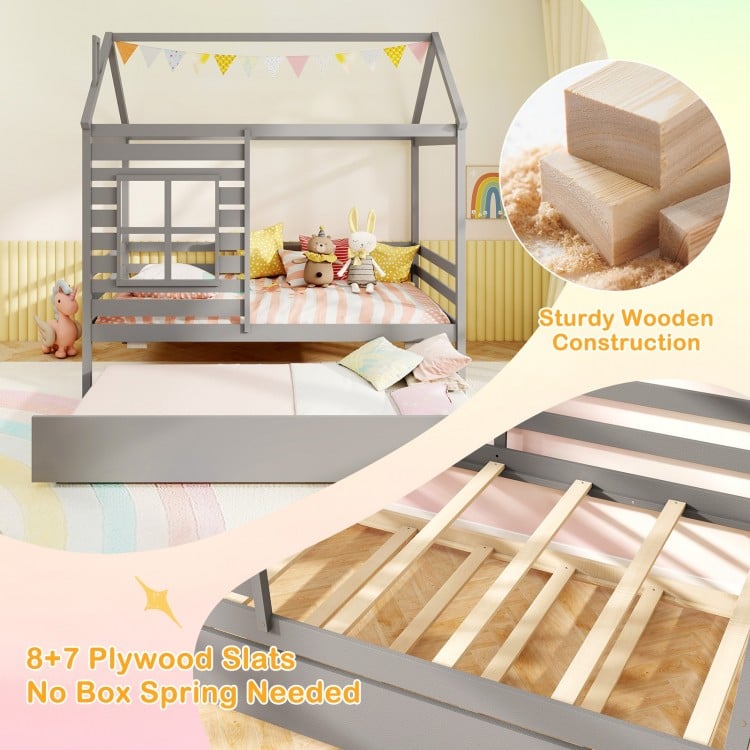 Twin Size Wooden Platform House Bed with Trundle and Roof-Grey