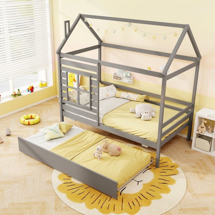 Twin Size Wooden Platform House Bed with Trundle and Roof-Grey