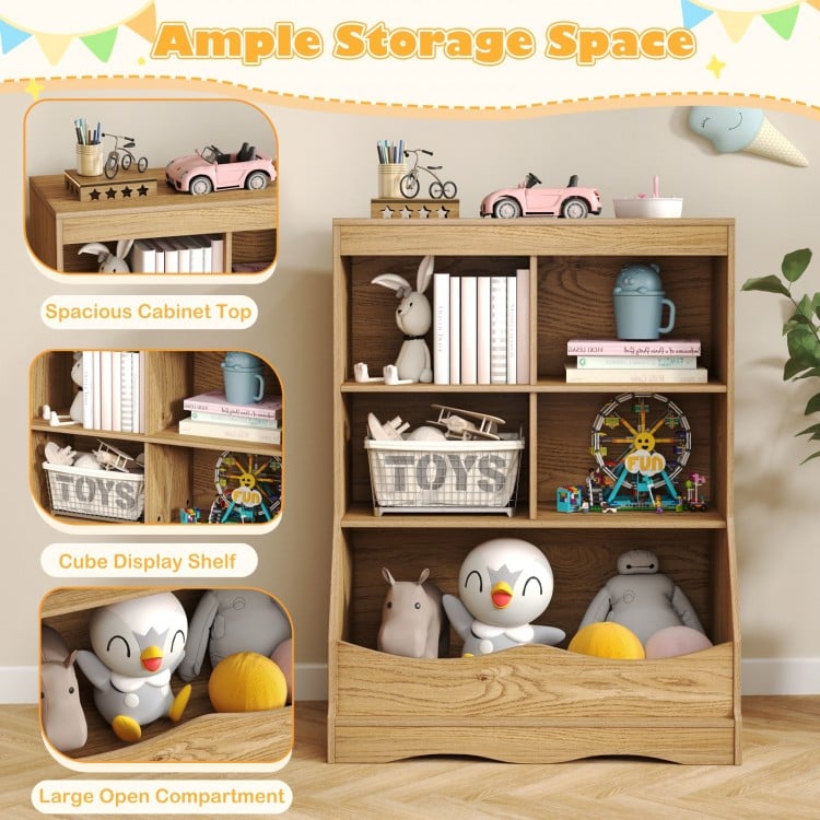 3-Tier Children's Multi-Functional Bookcase Toy Storage Bin Floor Cabinet-Natural