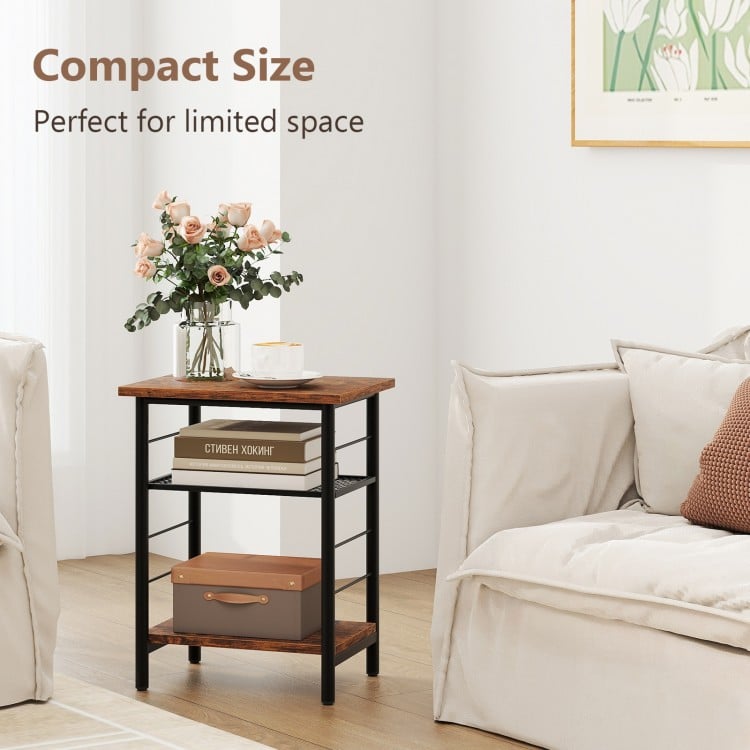 3-Tier End Table Set of 2 Side Table with Storage Shelves Metal Frame-Rustic Brown