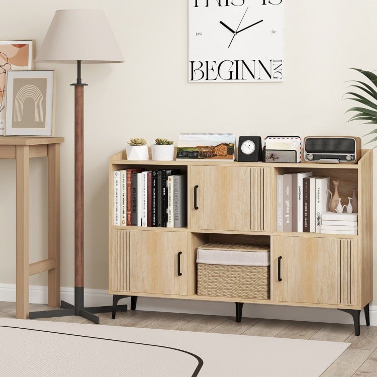 Sideboard Storage Cabinet Bookcase with 3 Doors and Open Compartments-Oak