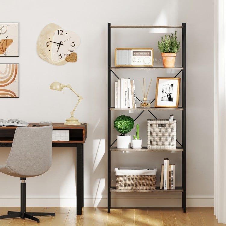 5-Tier Bookshelf with Open Shelves and Heavy Duty Metal Frame-Gray