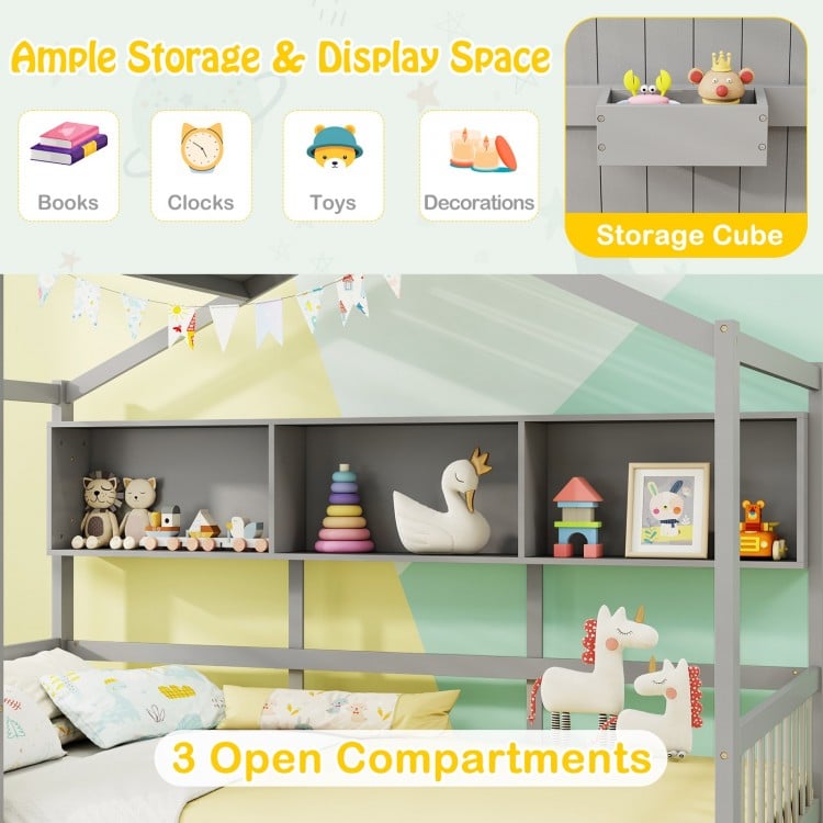 Twin Size House Bed with 2 Storage Drawers and Fence Guardrails-Gray
