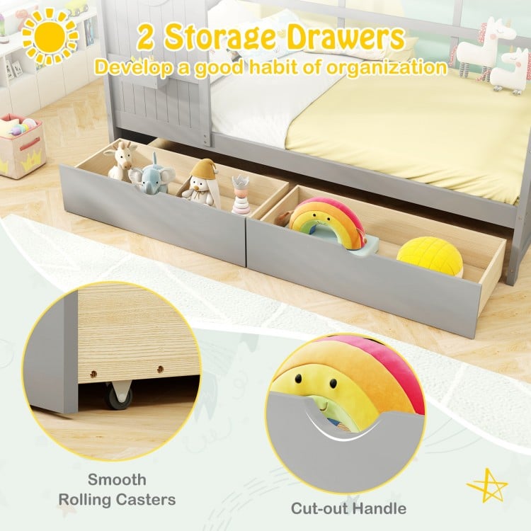 Twin Size House Bed with 2 Storage Drawers and Fence Guardrails-Gray