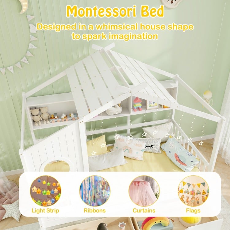 Twin Size House Bed with 2 Storage Drawers and Fence Guardrails-White