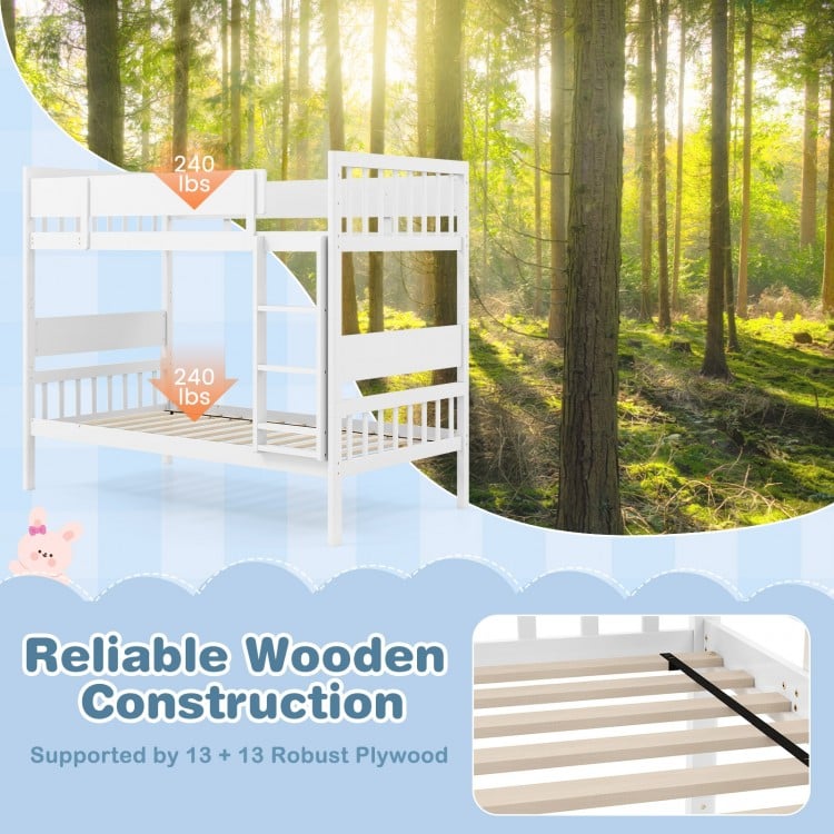Twin Over Twin Bunk Bed with Ladder and Full-length Guardrails-White