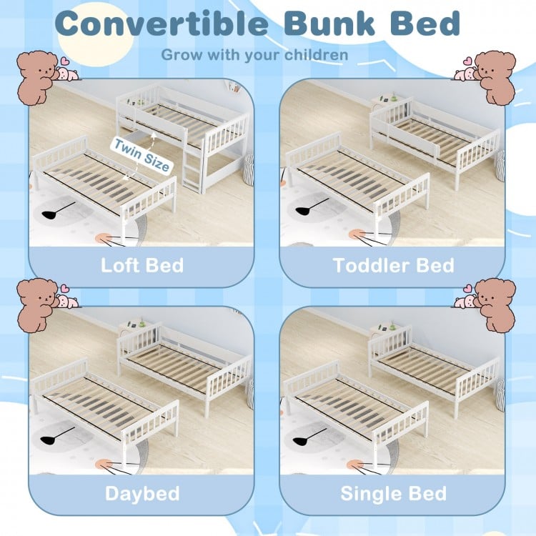Twin Over Twin Bunk Bed with Ladder and Full-length Guardrails-White