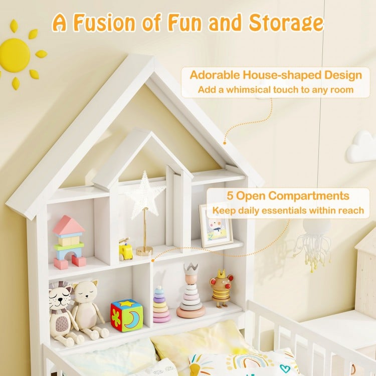 Twin Size House Bed Kids Montessori Bed with House-Shaped Storage Headboard-White
