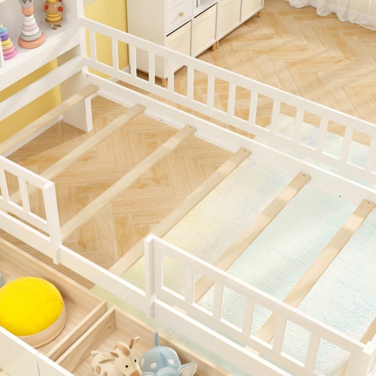 Twin Size House Bed Kids Montessori Bed with House-Shaped Storage Headboard-White