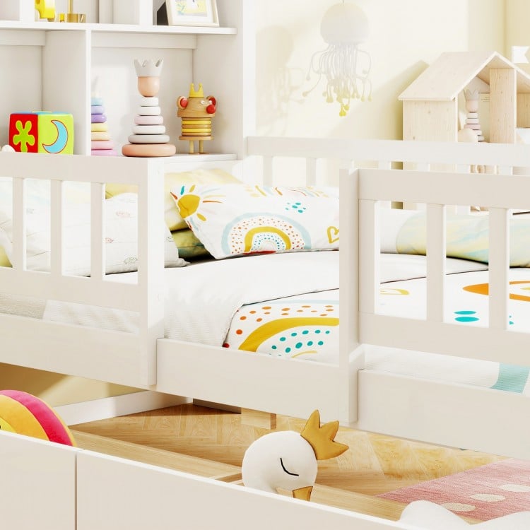 Twin Size House Bed Kids Montessori Bed with House-Shaped Storage Headboard-White