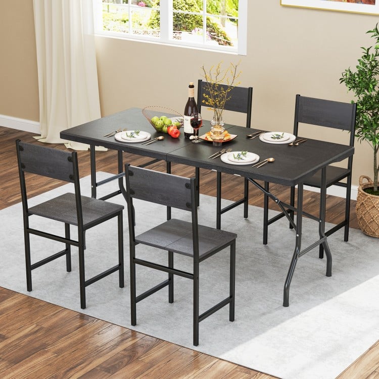 5FT Folding Picnic Table with Wood Grain HDPE Tabletop and Non-slip Foot Pads-Black