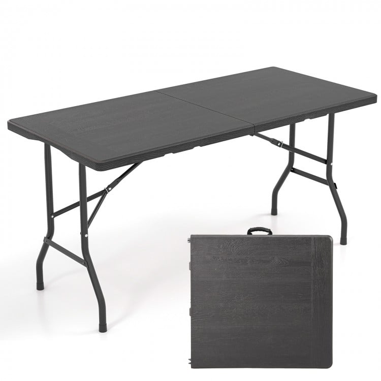 5FT Folding Picnic Table with Wood Grain HDPE Tabletop and Non-slip Foot Pads-Black