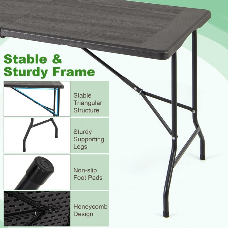5FT Folding Picnic Table with Wood Grain HDPE Tabletop and Non-slip Foot Pads-Black