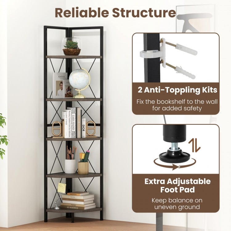 5-Tier Freestanding Corner Shelf 63 Inch Tall Storage Rack-Oak