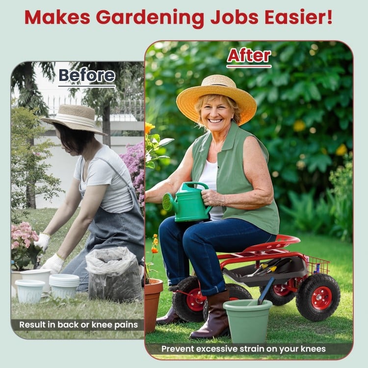 4-Wheel Rolling Garden Cart Work Seat-Red