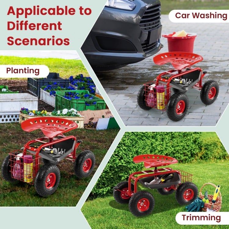 4-Wheel Rolling Garden Cart Work Seat-Red