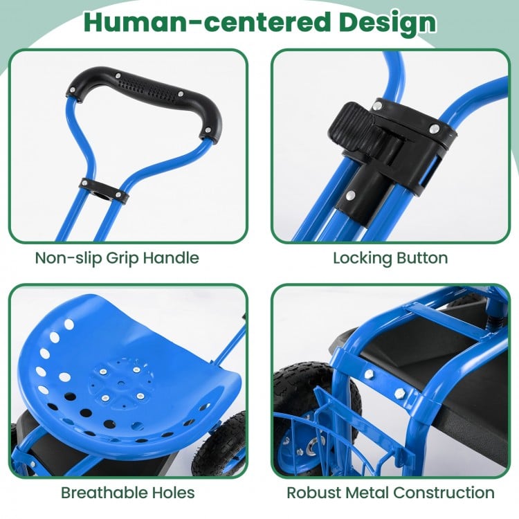 Heavy Duty Garden Cart with Tool Tray and 360 Swivel Seat-Blue