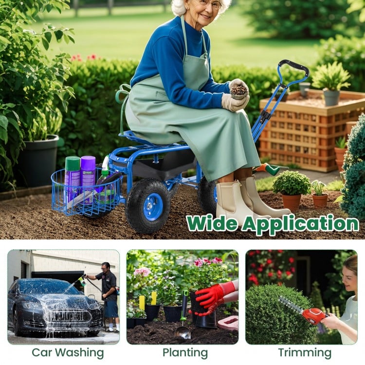 Heavy Duty Garden Cart with Tool Tray and 360 Swivel Seat-Blue