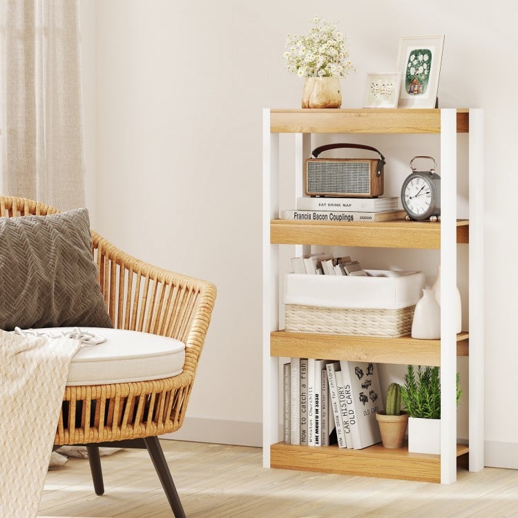 4 Tier Bookshelf Wooden Bookcase with Dual Anti-Tipping Kits-Natural