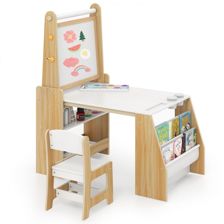 Kids Art Table and Chair Set with Easel and Chair for Drawing Reading-Natural