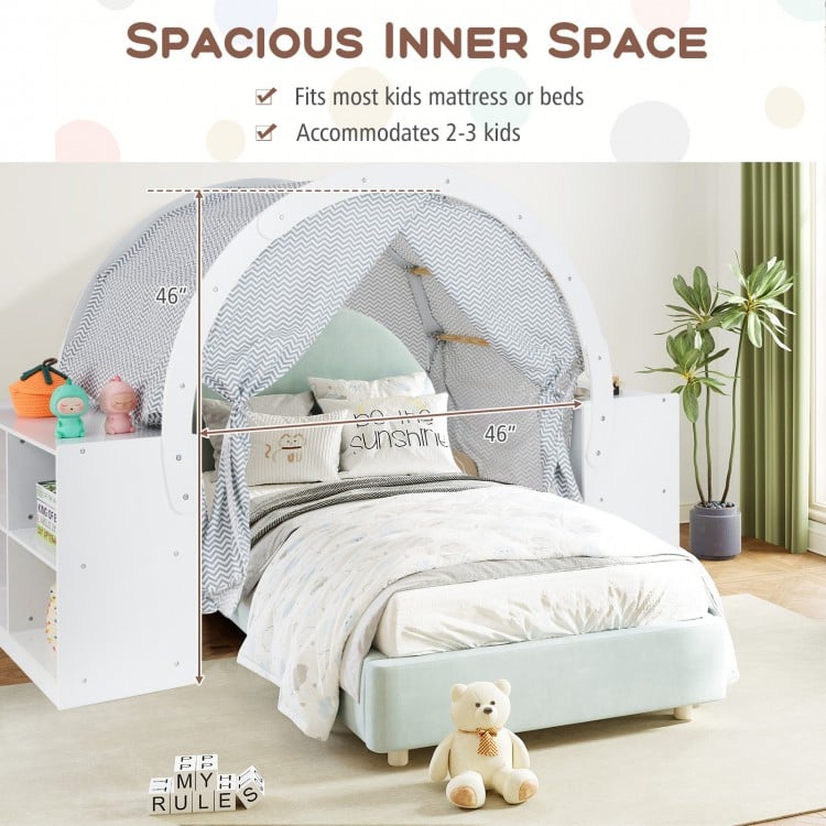 Wooden Kids Play Tent with Curtain Shades and 8 Cubbies-White