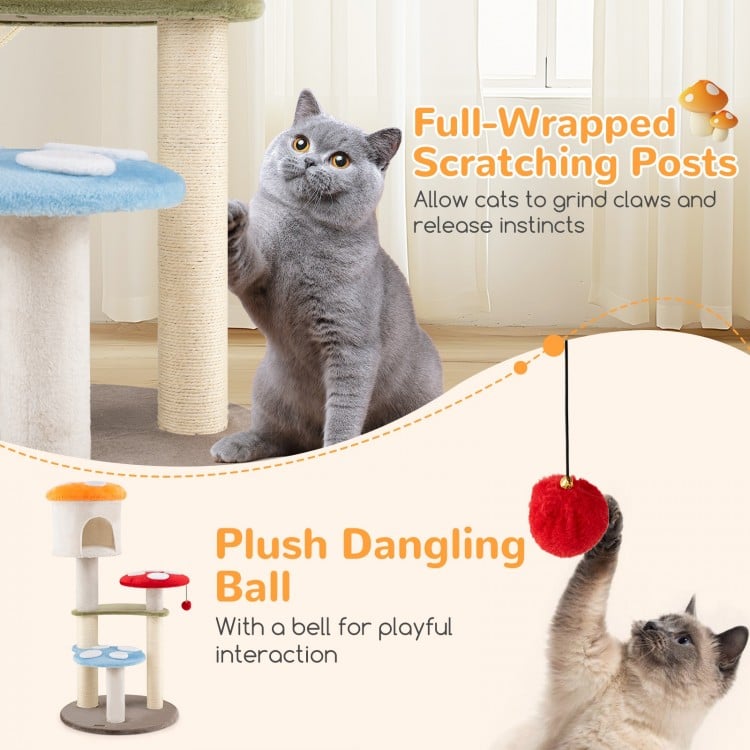 Cute Mushroom Cat Tree with Sisal Scratching Posts Top Condo and Padded Platforms-Multicolor