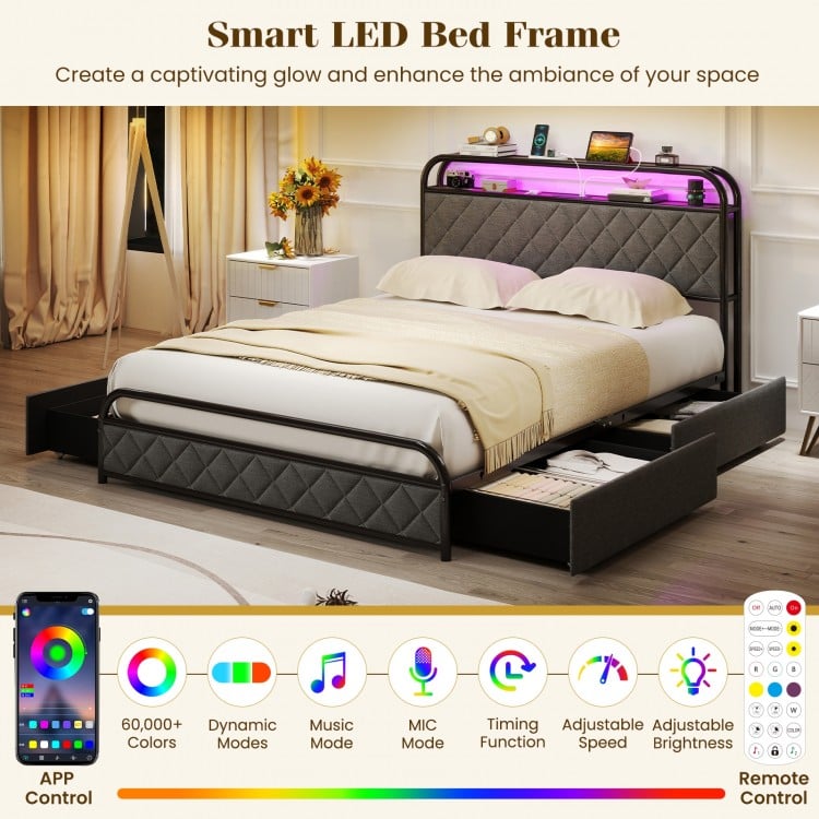 Twin/Full/Queen Size Bed Frame with LED Lights and Charging Station-Full Size