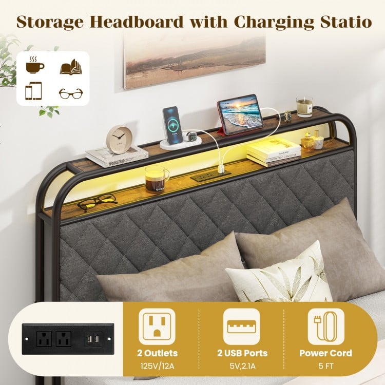 Twin/Full/Queen Size Bed Frame with LED Lights and Charging Station-Full Size