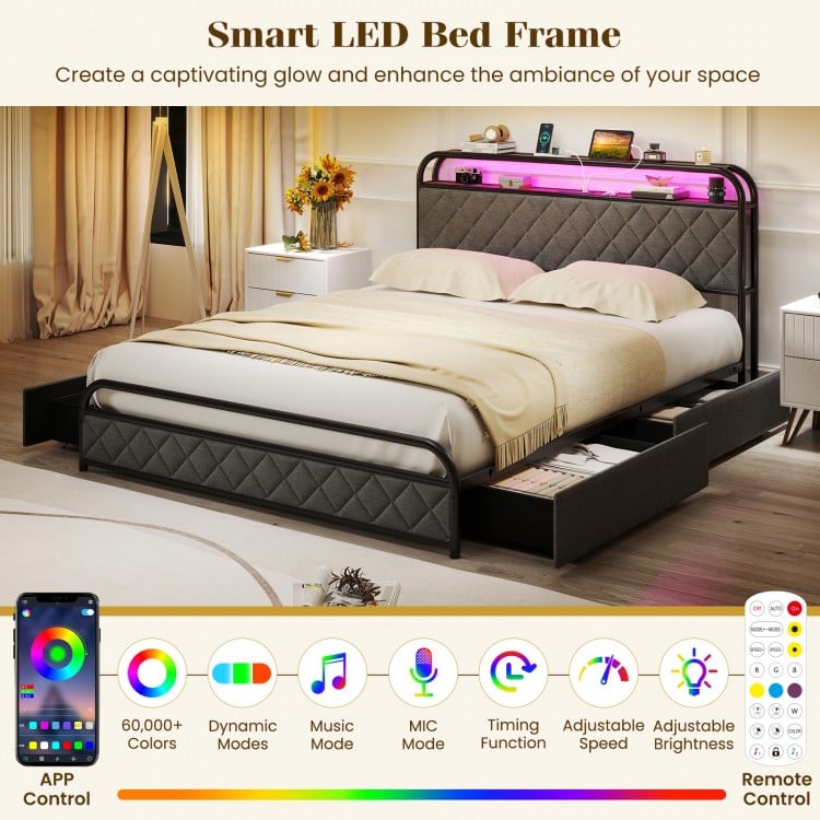Twin/Full/Queen Size Bed Frame with LED Lights and Charging Station-Queen Size