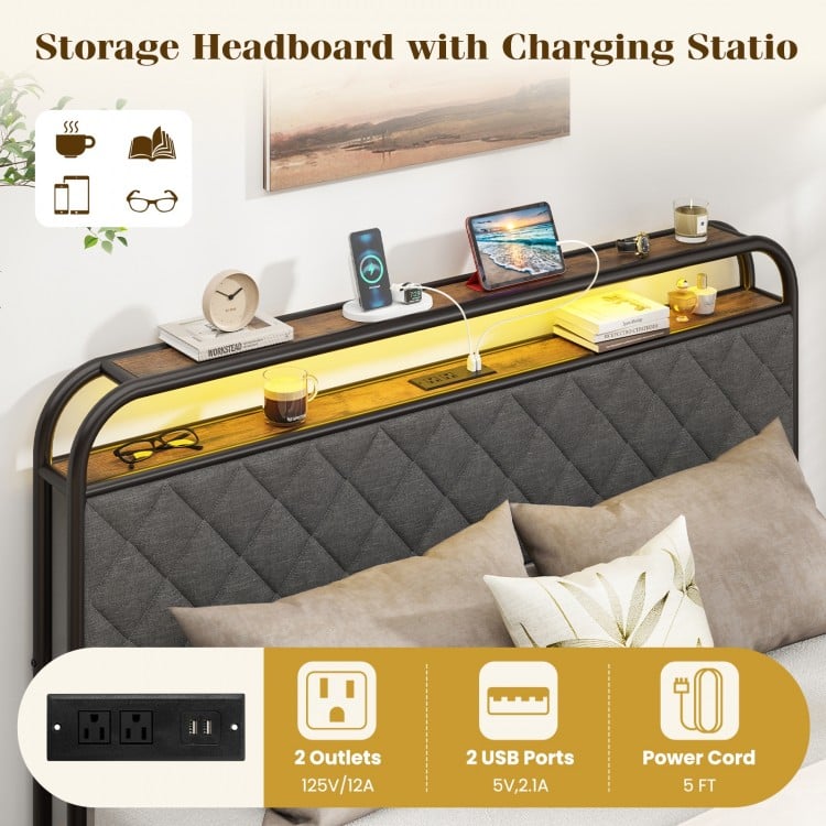 Twin/Full/Queen Size Bed Frame with LED Lights and Charging Station-Queen Size