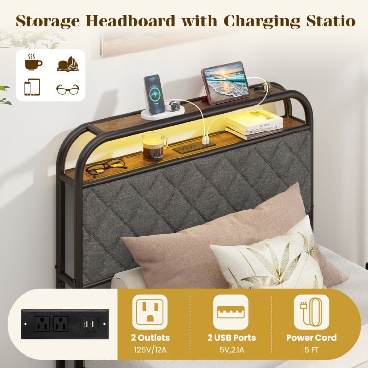 Twin/Full/Queen Size Bed Frame with LED Lights and Charging Station-Twin Size