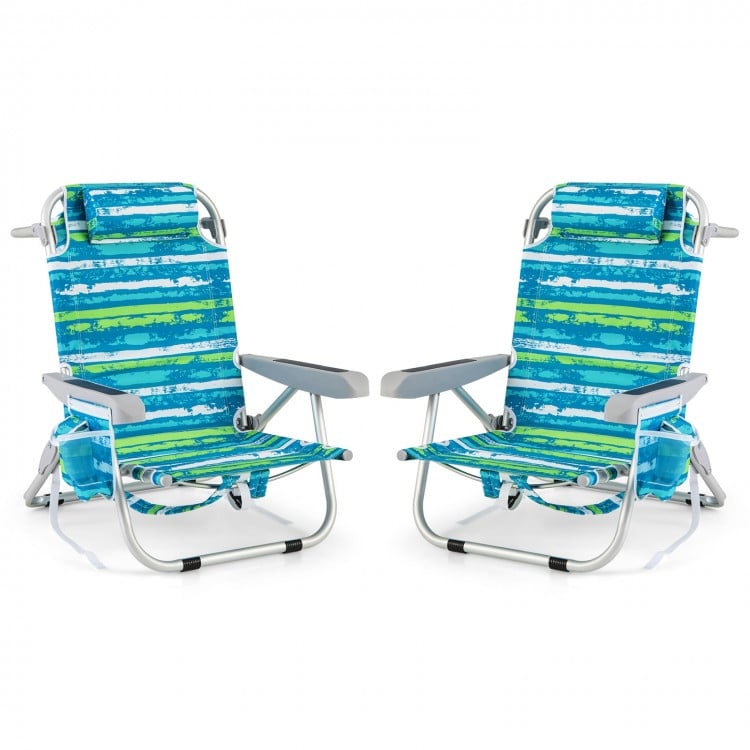 Foldable Backpack Beach Chair with Cup Holder and Storage Pockets Set of 2-Green