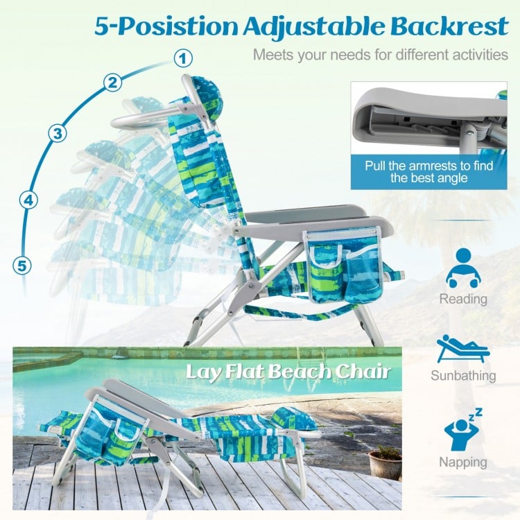 Foldable Backpack Beach Chair with Cup Holder and Storage Pockets Set of 2-Green