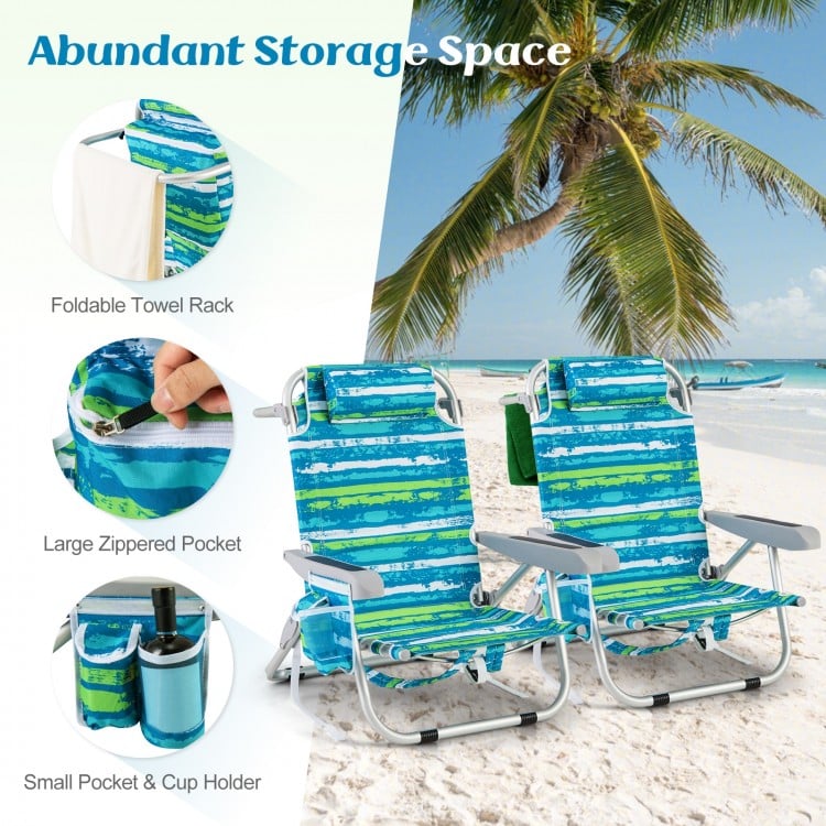Foldable Backpack Beach Chair with Cup Holder and Storage Pockets Set of 2-Green