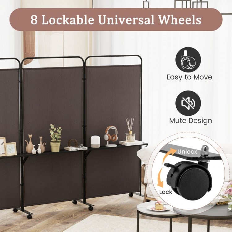 3-Panel Folding Room Divider with 3 Metal Shelves and Lockable Wheels-Brown