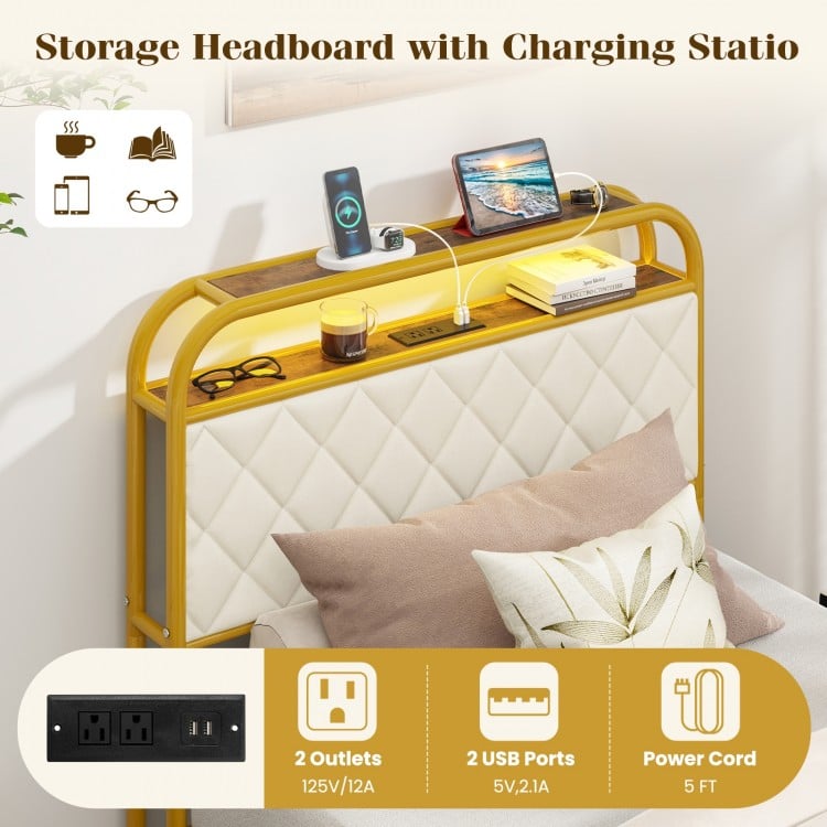 Twin/Full/Queen Size Bed Frame with LED Lights and Charging Station Gold-Twin Size