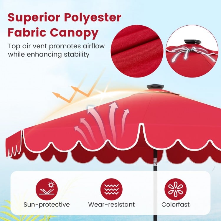 9.3 Feet Solar Patio Umbrella with 24 LED Lights Vented Top and Ruffles-Red