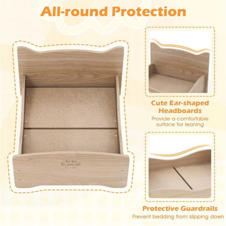 Elevated Pet Bed Frame with Rails and Cute Headboards-Walnut
