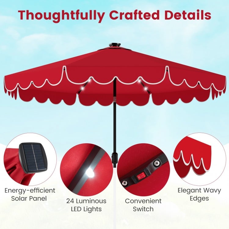9.3 Feet Solar Patio Umbrella with 24 LED Lights Vented Top and Ruffles-Red