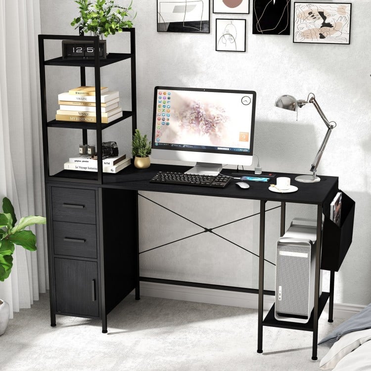 Office Desk with LED Lights and Power Outlets Computer Desk with Open Shelves-Black