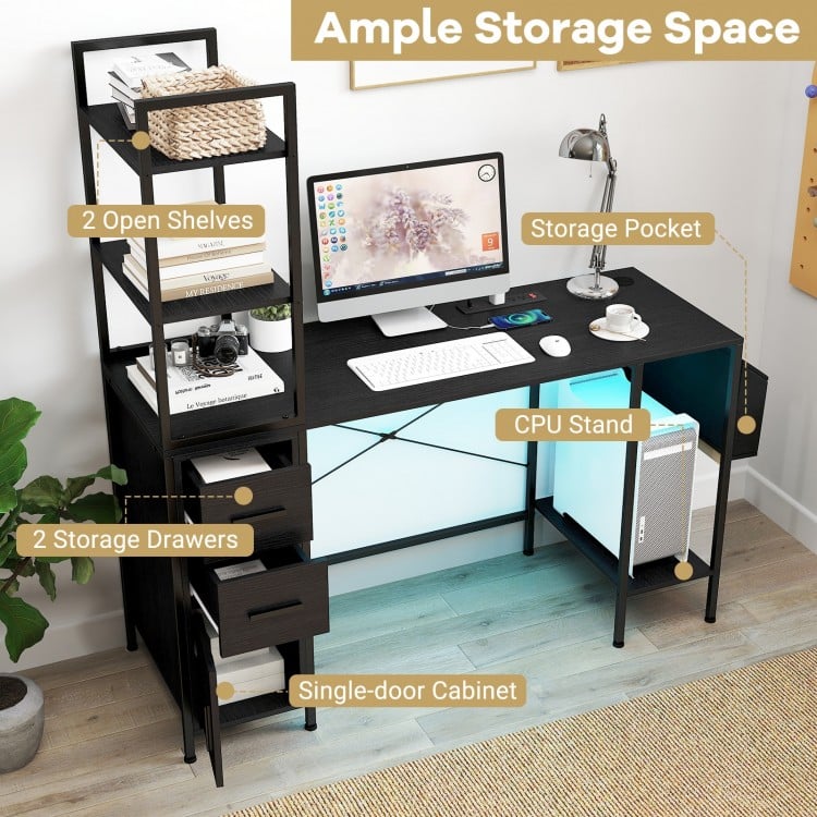 Office Desk with LED Lights and Power Outlets Computer Desk with Open Shelves-Black