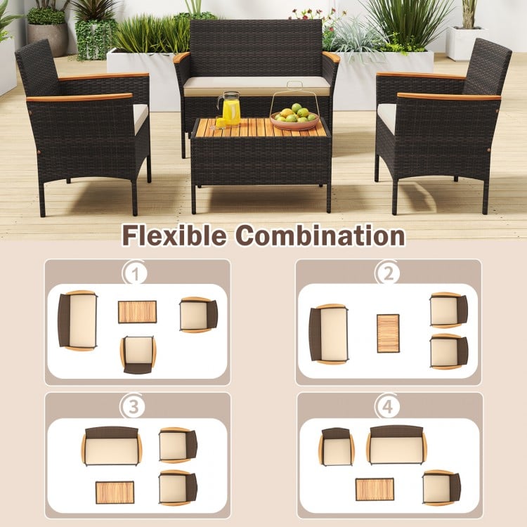 4 Piece Patio Wicker Sofa Set 2 Rattan Chairs and Loveseat with Table-Brown