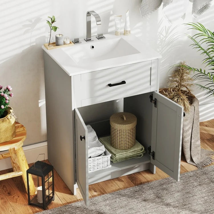 24-Inch Bathroom Vanity Unit with Ceramic Basin, Freestanding Storage Cabinet with 2 Doors, Gray