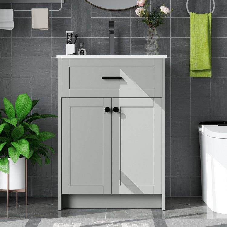 24-Inch Bathroom Vanity Unit with Ceramic Basin, Freestanding Storage Cabinet with 2 Doors, Gray