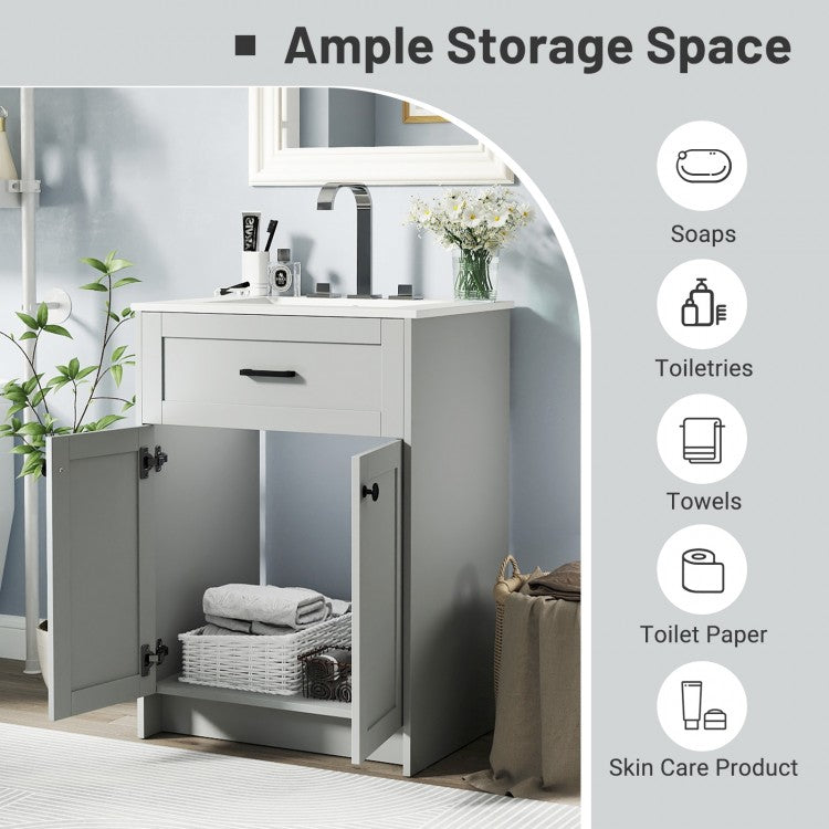 24-Inch Bathroom Vanity Unit with Ceramic Basin, Freestanding Storage Cabinet with 2 Doors, Gray
