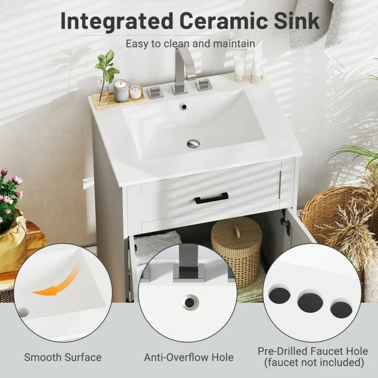 24-Inch Bathroom Vanity Unit with Ceramic Basin, Freestanding Storage Cabinet with 2 Doors, Gray