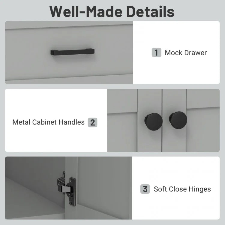 24-Inch Bathroom Vanity Unit with Ceramic Basin, Freestanding Storage Cabinet with 2 Doors, Gray