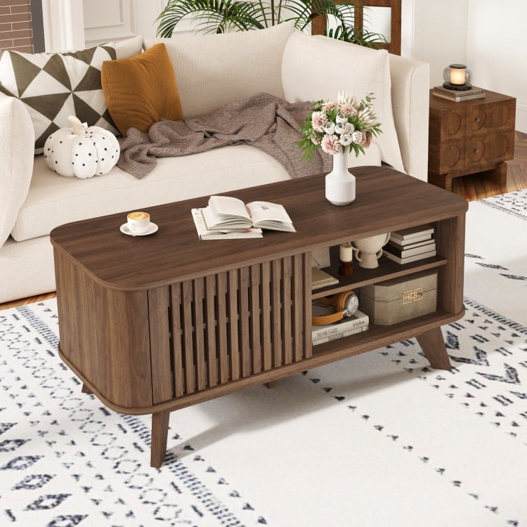Rectangular Coffee Table with Storage and Adjustable Shelves-Walnut