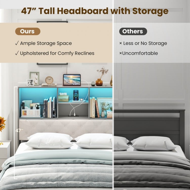 Full Size Bed Frame with Bookcase Headboard and LED Lights-Gray