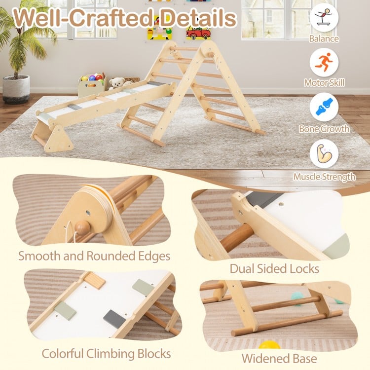 3-in-1 Pikler Triangle Climbing Set Kids Foldable Montessori Toys with Ramp-Natural